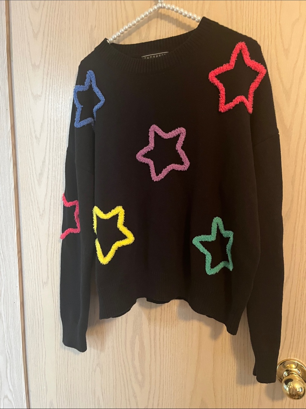 Black Star Appliqué Sweater - Multicolor Stars - Picture 1 of 9
